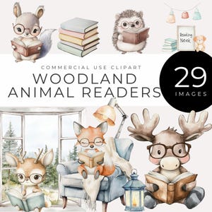 Clipart di animali che leggono nel bosco, amici della foresta amanti dei libri e dell'acquarello, simpatici cervi, volpi, gufi, alci e altro per decorare l'angolo lettura, inviti