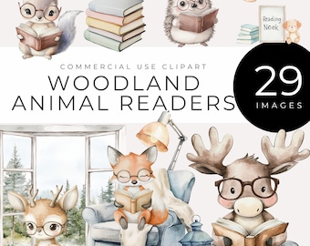 May include: A set of 29 watercolor illustrations featuring woodland animals reading books. The illustrations include a squirrel, hedgehog, fox, deer, and moose. The illustrations are perfect for creating children's books, educational materials, or other creative projects.