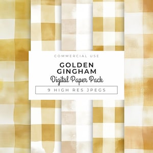 Gold Gingham Digital Papers, Watercolor Yellow Plaid Check Backgrounds, Rustic Farmhouse Scrapbook & Craft Printables page, Instant Download