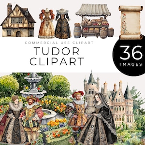 Tudor clipart, instant download, middeleeuws Engeland png, renaissance royalty's, historische kostuums, kastelen, marktkramen, koning en koningin png