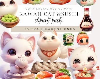 Peut inclure: Pack de clipart kawaii chat et sushi comprenant 25 PNG transparents. Le clipart comprend des images de chats, de sushis, de boulettes et de sauce soja. Les chats sont représentés dans diverses poses, notamment assis, debout et en train de manger. Les sushis sont présentés dans une variété de styles, notamment nigiri, maki et sashimi. Les boulettes sont présentées dans un panier vapeur. La sauce soja est présentée dans une bouteille avec un visage de chat mignon.