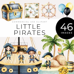 Süße Piraten Clipart, SOFORTIGER DOWNLOAD, Aquarell Junge Abenteuer, Piraten Kinder, Schatzkarten, Schiffe für Party einlädt, Kinderzimmer Dekor