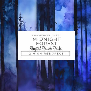 Midnight Forest digitale papers, Instant Download, mystieke bosrijke nacht achtergronden, donkere aquarel boom texturen voor plakboeken, ambachten