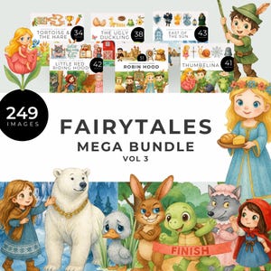 Fairytale Clipart Bundle, Fantasy Storybook Characters, Classic Tale, Robinhood, Red Riding Hood, Ugly Duckling, Thumbelina, Tortoise & Hare