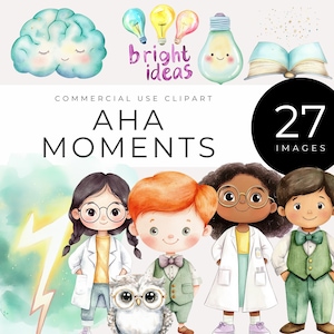 Aquarel Aha Moments Clipart Instant Download schattige hersenen, gloeilampen, wolken, brainstormpersonages, kinderkamerkunst, klasinrichting