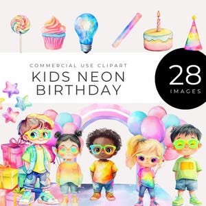 Neon Kinder Geburtstag Clipart, sofortiger Download, Aquarell Regenbogen Party Dekorationen, Pastell Luftballons, Geschenke, Kuchen & Spaß Feier Grafiken