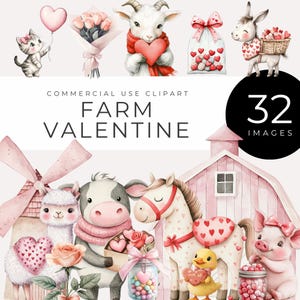 Animais de fazenda em aquarela Dia dos namorados Clipart DOWNLOAD INSTANTÂNEO Gráficos fofos de amor com tema de fazenda, corações rústicos, imagens, cartões e decoração de festa