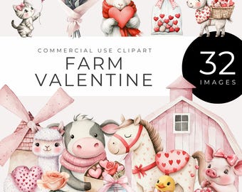 Watercolor Farm Animals Valentine's Day Clipart INSTANT DOWNLOAD Cute Farm-Themed Love Graphics, Rustic Hearts, Images Cards & Party Decor