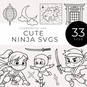 Cute Ninja SVGs, Black and White Line Art, Martial Arts Clipart, Samurai Sword, Dojo, Bamboo, Chibi Kids, Party Decor, monoline images