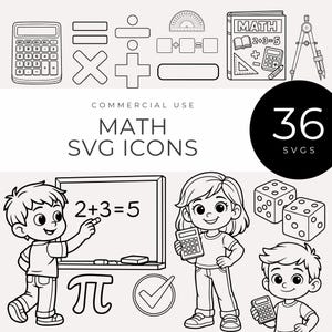 Math SVG Icons, Educational Arithmetic Symbols & Shapes, School Subject Classroom, Teacher, and Homeschool Learning Images, Line art Decor