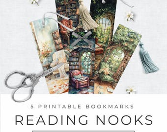 Reading Nook Printable Bookmarks, Instant Download, Cozy Bookish Scenes, Secret Garden Library, Cottagecore Page Markers for Book Lovers