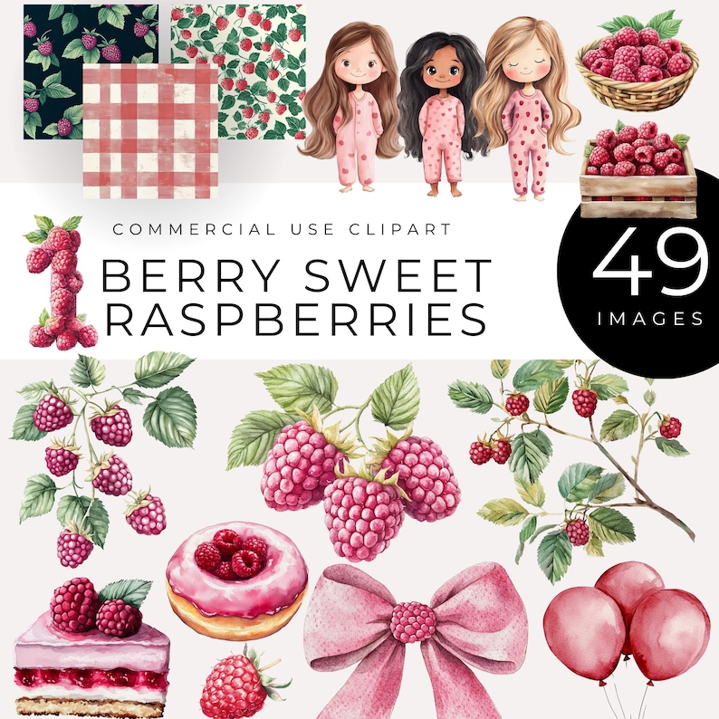 May include: A digital clipart set of 49 images featuring watercolor illustrations of raspberries, including a bowl of raspberries, a basket of raspberries, a branch of raspberries, a donut with raspberries, a bow, a cake with raspberries, and three girls with raspberry-themed clothing. The text "Berry Sweet Raspberries" is included in the image.