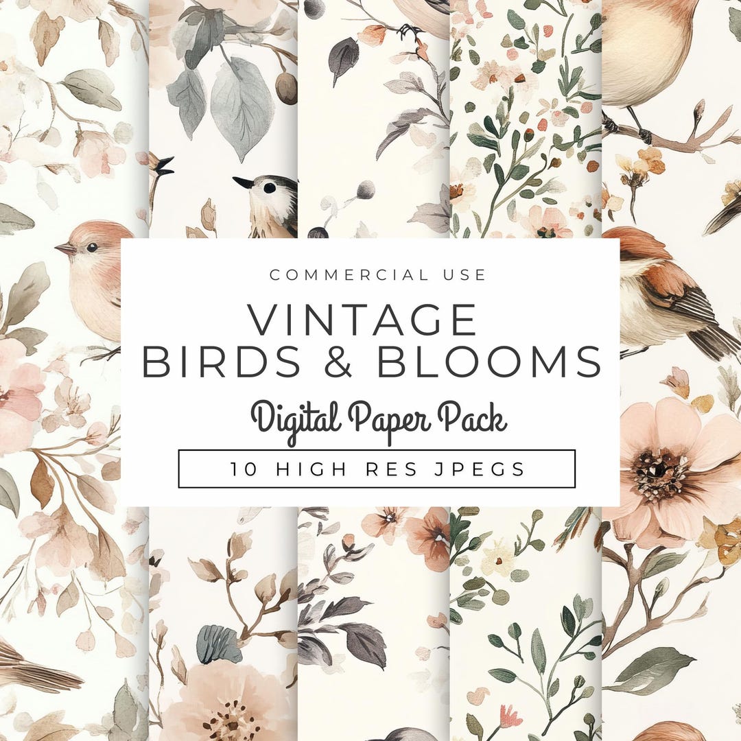 Vintage Watercolor Bird & Floral Digital Paper Pack, Instant Download ...