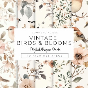 Vintage aquarelvogel en bloemen digitaal papierpakket, instant download, botanische zangvogels patronen voor scrapbooking, briefpapier, ambachten