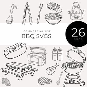 May include: Black and white line art illustrations of BBQ-related items. Includes a grill, hot dog, picnic table, cooler, and various cooking utensils. Text reads "COMMERCIAL USE BBQ SVGS" and "26 SVGS".