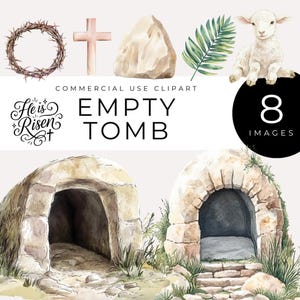 Imágenes prediseñadas de tumba vacía, descarga instantánea, acuarela cristiana de Pascua, cruz, corona de espinas, cordero, fe y resurrección PNG, Ha resucitado SVG