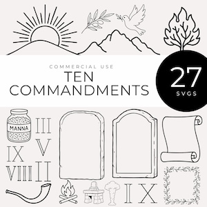 May include: Black and white digital illustrations of religious symbols and text. Includes a sunrise, mountains, a dove with an olive branch, a burning bush, tablets, a scroll, and the text "TEN COMMANDMENTS".