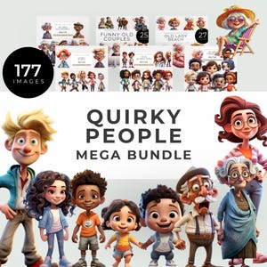 Mega paquete de imágenes prediseñadas de personas peculiares, descarga instantánea, adultos excéntricos, anciana en la playa, parejas mayores divertidas, niños y bebés adorables y divertidos.