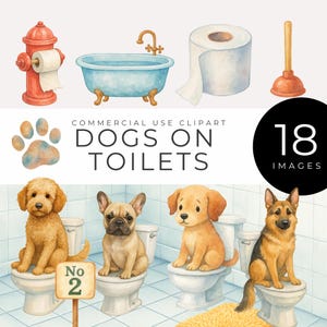 Hondentoilet clipart, instant download, grappige badkamer hoektand png's, zindelijkheidstraining Fido decor, puppy humor kunst, aquarel badkamer graphics