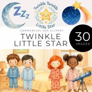 Twinkle Twinkle Little Star Clipart, Instant Download, Bedtime, Kids in Pajamas, Moon Stars Constellations, Nursery Printable, Kids Book Art