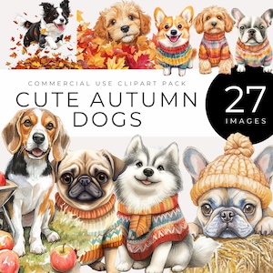 秋の犬のクリップアート すぐにダウンロード クラフト、犬好き、季節の装飾、スクラップブック、DIY プロジェクト用の水彩画の心地よい秋の子犬のグラフィック