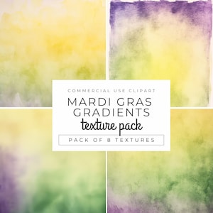 May include: A set of 8 digital watercolor textures in shades of yellow, green, and purple. The textures are perfect for creating Mardi Gras themed designs.