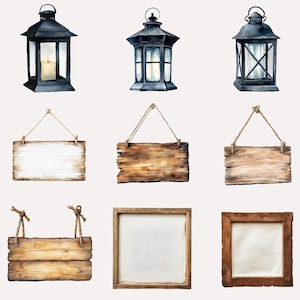 May include: A set of nine watercolor illustrations featuring three black lanterns and six wooden signs. The lanterns have a candle inside and are hanging from a rope. The signs are made of wood and have a rope hanging from the top. Some of the signs are blank, while others have a rustic wood grain texture.