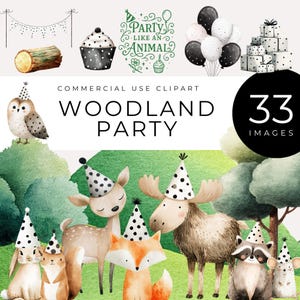 水彩画の森の動物の誕生日クリップアート、すぐにダウンロード可能、かわいいワイルドワンの森のパーティー、風船、木、ケーキ、カップケーキ、ベビーシャワーの画像