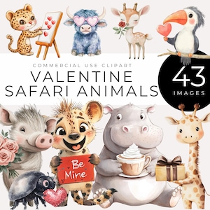Clipart de safári de dia dos namorados em aquarela, animais fofos de safári, decorações de coração, arte com tema de amor para cartões, decoração de festa e scrapbooking