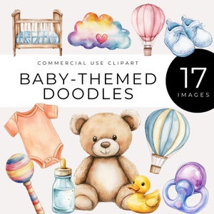 Clipart Doodle baby shower, téléchargement immédiat, graphiques aquarelles, lit de bébé, cache-couche, ballon, tétine et décoration de chambre d'enfant PNG pour faire-part, travaux manuels