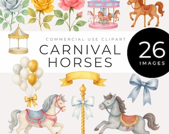 Carnival Horse Clipart, Instant Download, Make Your Own Watercolor Carousel, Roses, Bows, Balloons & Tent PNGs, Baby Shower, Nursery, Crafts