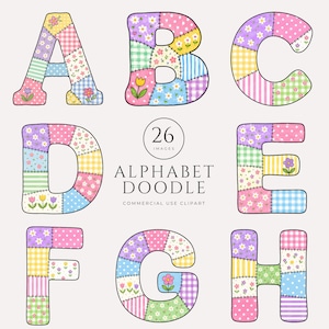 Spring Patchwork Doodle Alphabet Clipart, Floral Letter PNG Bundle, Cottagecore Monogram Graphics, Digital Download, Commercial Use