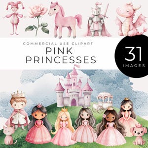 May include: A set of 31 watercolor illustrations featuring pink princesses, a pink horse, a pink dragon, a pink castle, a pink carriage, a pink rose, a jester, and a knight. The illustrations are perfect for creating invitations, cards, and other crafts.