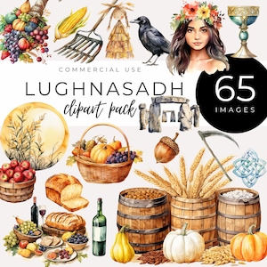 Lughnasadh クリップアート 即時ダウンロード 水彩画 ケルトの収穫祭、小麦、ひまわり、豊穣の角、そして Lammas のお祝いのためのお祭りの装飾