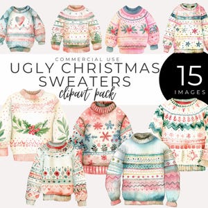 Lelijke kersttruien clipart INSTANT DOWNLOAD feestelijke aquarel trui afbeeldingen voor kerstkaarten, uitnodigingen, feestdecor en DIY ambachten