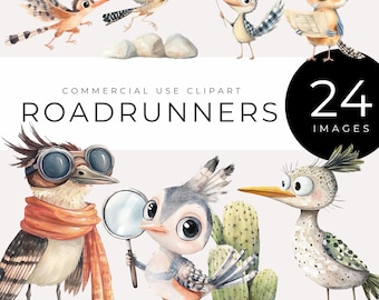 Roadrunner Clipart, Instant Download, Watercolor Desert Bird Graphics, Whimsical Southwestern Wildlife PNGs for Crafts, Decor, Digital Art