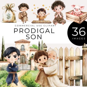 Imágenes prediseñadas del hijo pródigo, descarga instantánea, historia bíblica cristiana en acuarela, parábola del hijo perdido, arte digital religioso, gráficos de la escuela dominical