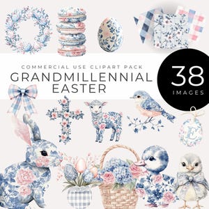 Clipart de Pascua de Grandmillennial, descarga instantánea, conejito floral, huevos estilo chinoiserie, cordero, patrones de coronas y cuadros vichy, primavera pastel digital