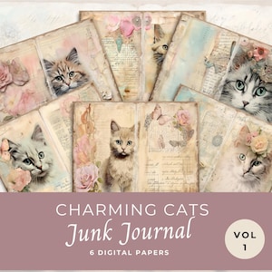 Charming Cat Junk Journal Papers vol 1, Páginas de álbumes de recortes de fantasía, 6 páginas de diarios digitales, Ephemera imprimible, Hoja de collage 11 x 8.5, JJ008
