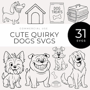 以下が含まれることがあります： さまざまな犬種、犬小屋、犬のおやつ、ペットキャリーの白黒線画イラスト。 「CUTE QUIRKY DOGS SVGS」というテキストと数字の「31」が表示されています。