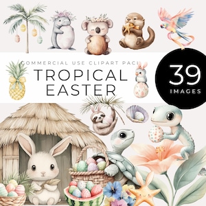 Clipart tropical de Pâques, téléchargement immédiat, aquarelles de bébés animaux, oeufs pastel, déco de Pâques plage et jungle, mignon art graphique Png
