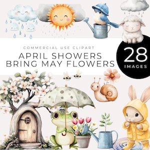 Clipart averses d'avril, téléchargement immédiat, aquarelle printanière PNG, animaux mignons, graphiques de jour de pluie, fleurs pastel, nain de jardin, météo