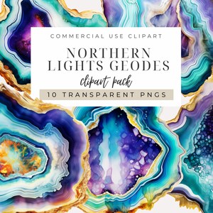 May include: A digital clipart pack of 10 transparent PNG images featuring colourful agate geode designs with a swirling pattern of blue, purple, gold, and white. The text "NORTHERN LIGHTS GEODES clipart pack 10 TRANSPARENT PNGS" is displayed on a white background.