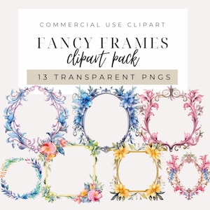 May include: A set of 13 digital clipart frames featuring watercolour floral designs in shades of blue, pink, yellow, and green. The frames are in various shapes, including circles, ovals, and squares. The text "FANCY FRAMES clipart pack" and "13 TRANSPARENT PNGS" is included in the image.