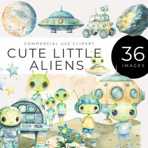 Lindos cliparts de extraterrestres, descarga instantánea: criaturas espaciales en acuarela pastel, ovnis, planetas, imágenes cósmicas para habitaciones infantiles, decoración infantil e invitaciones.