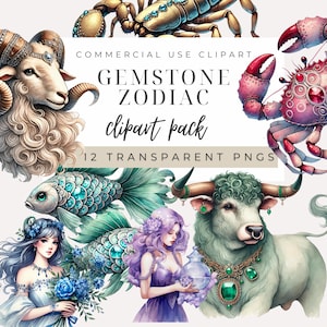 Sternzeichen Clipart INSTANT DOWNLOAD Astrologische Illustrationen mit Edelstein Akzenten, Horoskop-Bilder, transparente Png, kommerzielle Nutzung