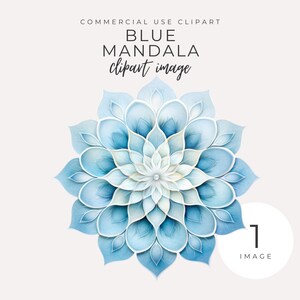 May include: A blue mandala with a white center and intricate details. The mandala is made up of overlapping petals that create a circular pattern.