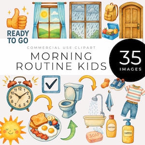 May include: Watercolor clipart set featuring morning routine elements for kids. Includes an alarm clock, breakfast, bathroom items, clothing, and a backpack. The text "MORNING ROUTINE KIDS" is displayed.