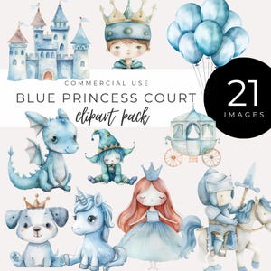 Blauwe aquarel prinses clipart INSTANT DOWNLOAD Royal Court Graphics voor sprookjesdecor, kinderfeestjes, babyshowers en kinderkamerinrichting
