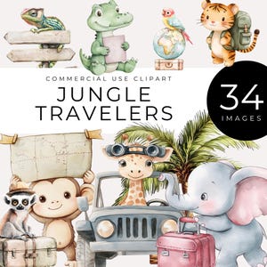 Dschungel Reisende Clipart, Instant Download, Safari Abenteuer Tier PNG, niedliche Entdecker Grafiken, Aquarell Reisen Tropische Wildtiere Bilder